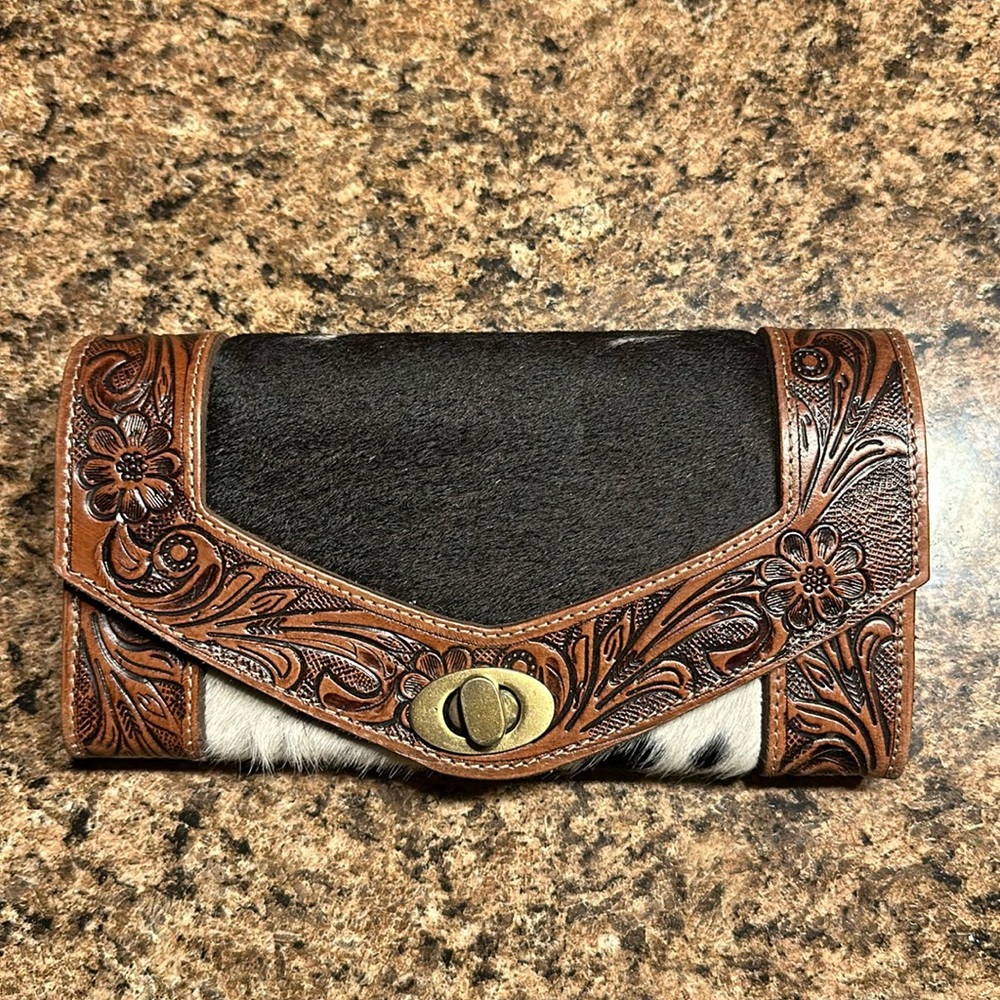 Large cowhide tooled leather wallet